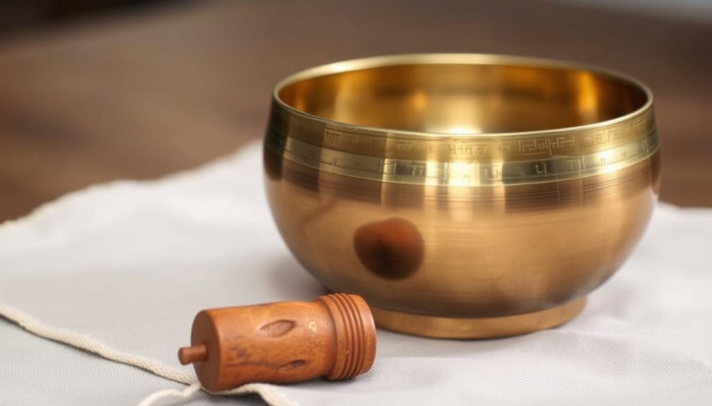 A serene Tibetan singing bowl, its bronze surface gleaming under soft, diffused lighting. The bowl rests on a natural linen cloth, the fabric's delicate texture adding visual interest. In the foreground, a wooden mallet lies poised, ready to gently strike the bowl and produce its resonant, calming tone. The background is blurred, allowing the bowl to be the focal point, inviting the viewer to experience the ritual of Tibetan bowl cleansing and maintenance. The overall mood is one of tranquility and mindfulness, perfectly complementing the article's subject matter.
