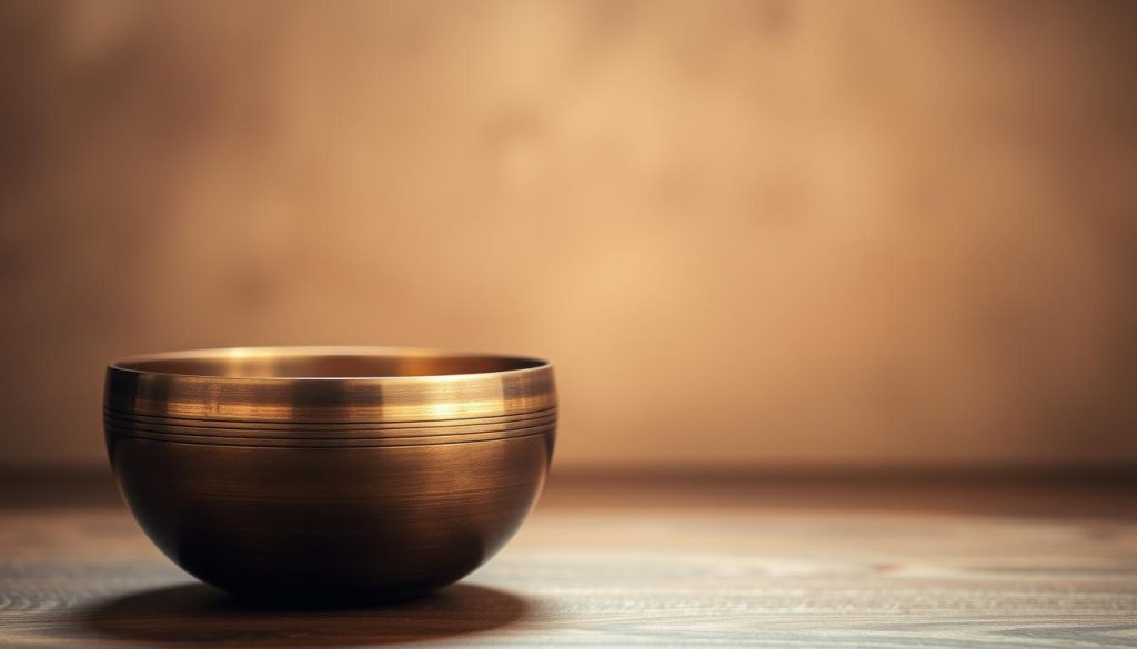 A serene Tibetan singing bowl resting on a wooden surface, its burnished bronze exterior gleaming under soft, diffused lighting. The bowl is positioned in the foreground, its smooth curves and concentric ridges inviting the viewer to experience its calming resonance. In the middle ground, a simple, uncluttered backdrop of muted earth tones evokes a sense of tranquility and contemplation. The overall composition emphasizes the bowl's elegant form and the meditative qualities it represents, creating an image that captures the essence of the Tibetan singing bowl and its role in mindfulness practices.
