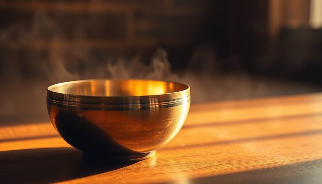A serene Tibetan singing bowl rests on a smooth wooden surface, bathed in warm, diffused lighting. The bowl's gleaming bronze surface reflects the soft illumination, creating a mesmerizing, meditative ambiance. The foreground is sharply in focus, while the background fades into a hazy, dream-like atmosphere, drawing the viewer's attention solely to the captivating object. The scene evokes a sense of tranquility and introspection, inviting the viewer to engage in a moment of mindful contemplation.