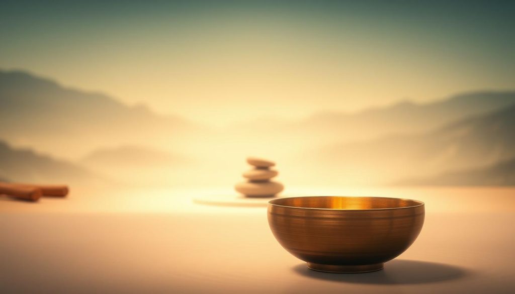 A serene and tranquil scene depicting the calming vibrations of a Tibetan singing bowl. The foreground features the bowl resting on a smooth surface, its metallic surface gleaming softly under warm, diffused lighting. Gentle ripples radiate outward from the bowl, visualizing the soothing sound waves that resonate through the air. The middle ground showcases a minimalist, zen-inspired setting with natural elements like smooth stones or crystals, complementing the meditative atmosphere. The background fades into a hazy, ethereal landscape, evoking a sense of harmony and inner peace. The overall composition conveys a profound experience of relaxation and spiritual well-being, reflecting the holistic benefits of the Tibetan singing bowl.