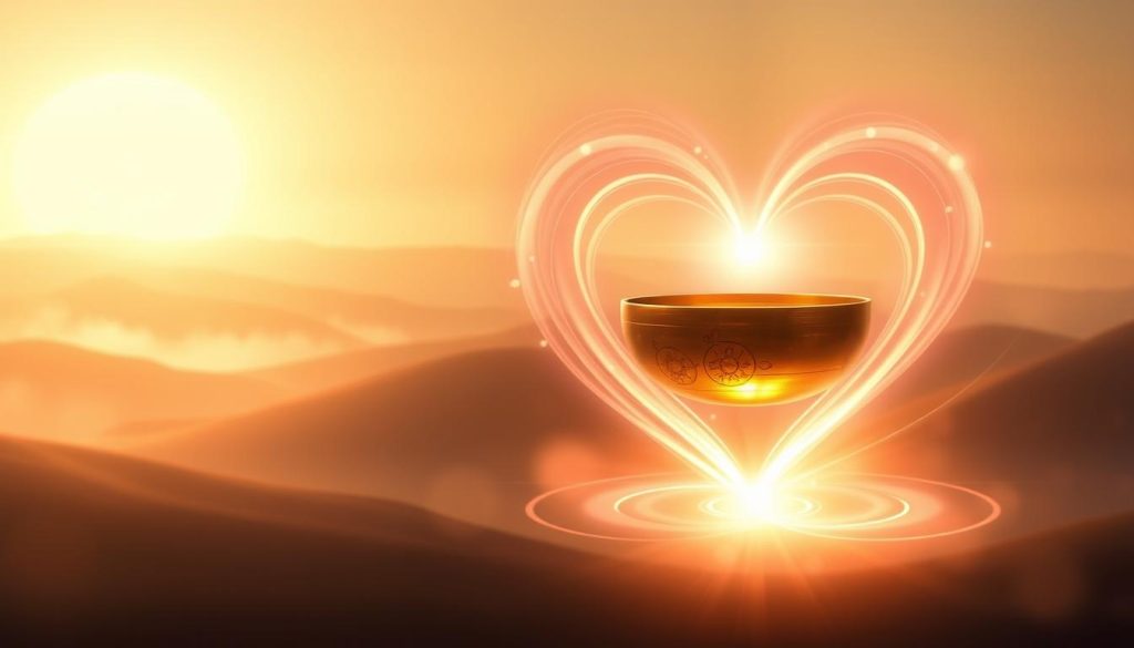 A serene, atmospheric image depicting the benefits of the musical note Fa for the heart chakra. In the foreground, a glowing, ethereal heart-shaped vortex radiates healing energy, surrounded by soft, flowing wisps of light. In the middle ground, a Tibetan singing bowl levitates, its bronze surface reflecting the warm, amber glow of the heart chakra. The background is a dreamy, ethereal landscape of rolling hills and a distant, misty horizon, bathed in a warm, golden light. The overall mood is one of tranquility, balance, and profound inner peace.