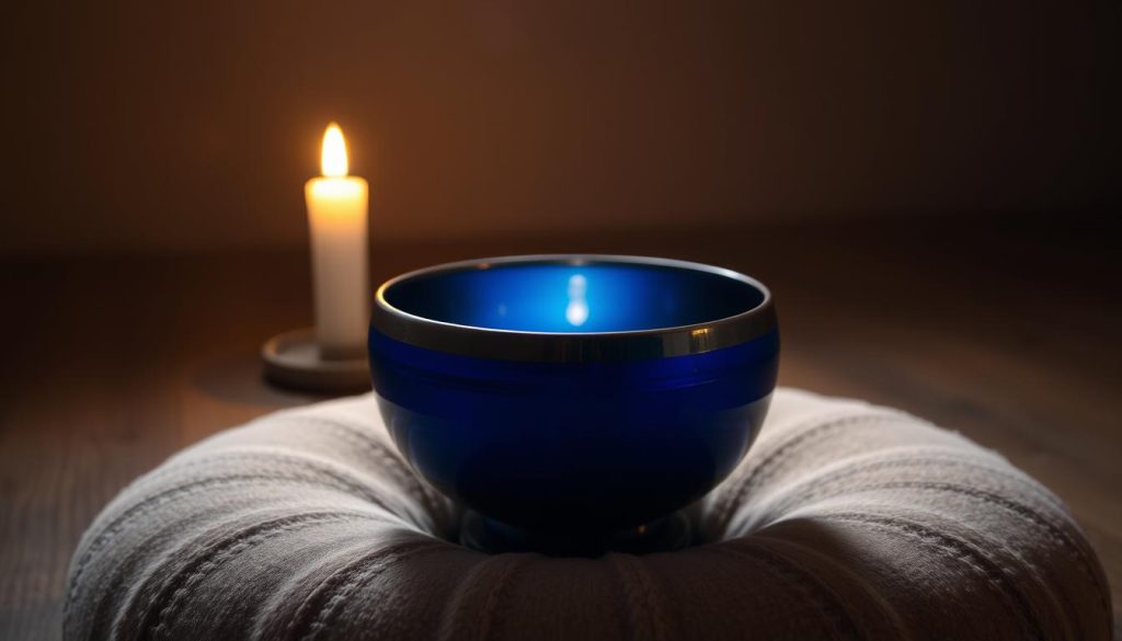 A serene, dimly lit studio setting with a Tibetan singing bowl resting on a plush cushion. The bowl's surface reflects the warm glow of a single candle, casting a soft, soothing light across the scene. The bowl's vibrant, deep blue hue stands in contrast to the muted, earthy tones of the background, creating a sense of tranquility and focus. The composition is balanced, with the bowl positioned in the center of the frame, allowing the viewer to appreciate its form and the ritual of sound meditation. The overall atmosphere is one of calming introspection, inviting the viewer to experience the restorative properties of the Tibetan singing bowl.