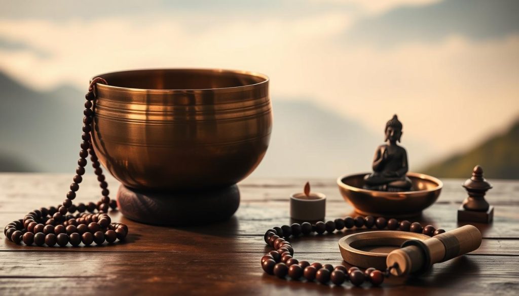 A serene meditation session with a Tibetan singing bowl, set against a tranquil backdrop. The bowl rests on a wooden table, its bronze surface glinting softly in the warm, diffused lighting. Surrounding the bowl are various meditation accessories, such as mala beads, incense, and a small Buddha figurine. The foreground is in sharp focus, drawing the viewer's attention to the intricate details of the bowl and its ritual elements. The background fades into a hazy, ethereal landscape, suggesting a sense of inner calm and spiritual connection. The overall mood is one of contemplation, inviting the viewer to imagine the soothing vibrations of the singing bowl resonating through the heart chakra.