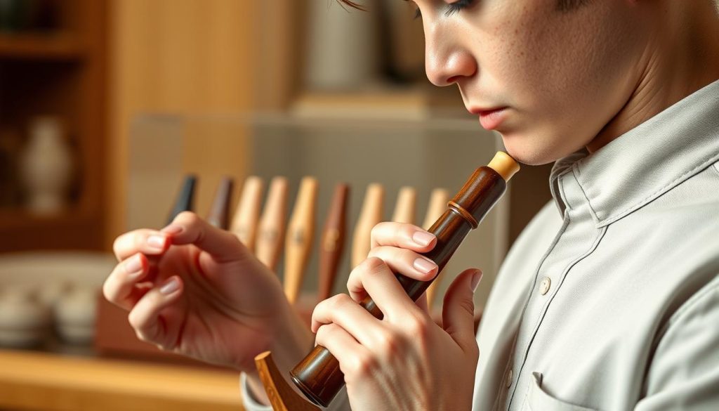 A serene scene featuring a close-up of a skilled musician gently playing a beautifully crafted ocarina, situated in the foreground. The musician, dressed in a modest casual shirt, focuses on controlling their breath as they produce a clear, melodic sound. In the middle ground, an elegant display of various ocarina designs, showcasing their smooth curves and detailed engravings, reflects the craftsmanship of this unique instrument. The background is softly blurred, with warm, ambient lighting that creates a calming atmosphere, suggesting a tranquil space perfect for practice. The overall mood conveys focus and mastery in the art of breath control, essential for achieving a pure sound in music.
