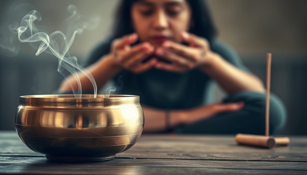 A tranquil meditation scene featuring a Tibetan singing bowl in the foreground. The bowl sits on a wooden surface, its metallic gleam catching the soft, diffused lighting from an unseen source. Wispy incense smoke curls upwards, adding to the serene ambiance. In the middle ground, a person's hands gently cradle the bowl, their eyes closed in deep contemplation. The background is hazy, blurred, evoking a sense of timelessness and focus. The overall mood is one of introspection, clarity, and the calming ritual of Tibetan meditation.