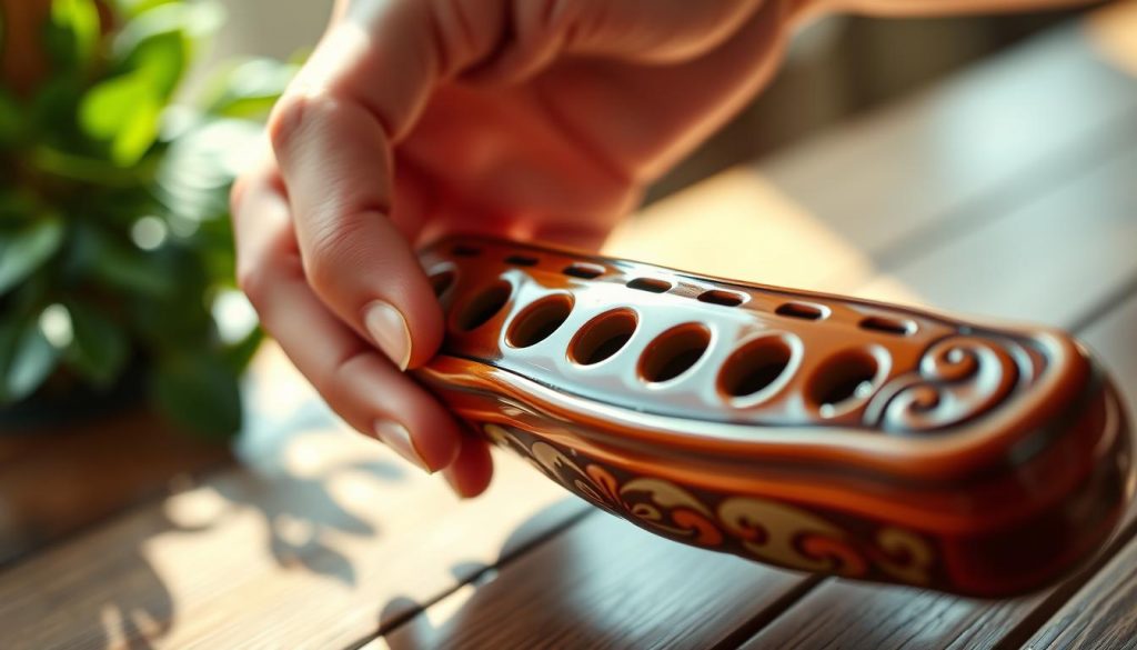 A vibrant and detailed close-up of a hand expertly positioning fingers over the holes of a traditional ocarina. The hand is slightly blurred to emphasize the delicate movements of the fingers, showcasing the fundamental fingerings essential for playing. The ocarina, crafted from ceramic, should have intricate designs and a glossy finish, reflecting light beautifully. The background features a softly lit, natural setting, perhaps a wooden table with greenery slightly out of focus to create a warm, inviting atmosphere. Use natural lighting to cast gentle shadows, enhancing the tactile quality of the ocarina and the graceful form of the hand. The overall mood should convey a sense of learning and creativity, inviting viewers into the art of music.