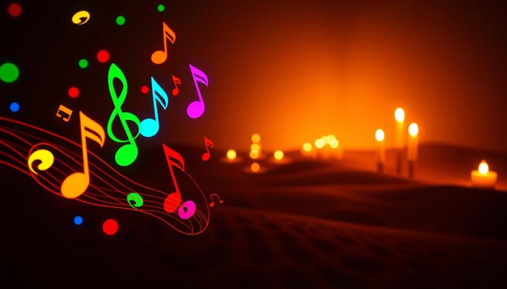 A vibrant, high-resolution depiction of musical notes and chakra symbols harmoniously intertwined. In the foreground, colorful musical notes float and dance, their shapes echoing the geometric patterns of the seven chakras. The middle ground features a serene, meditative landscape, with glowing orbs representing the energy centers along the spine. In the background, the warm glow of candlelight casts a soft, ethereal light, creating an atmosphere of tranquility and spiritual connection. The image is captured with a wide-angle lens, allowing the viewer to fully immerse themselves in the interplay of sound, color, and spiritual energy.