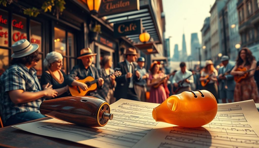 A vibrant scene showcasing the ocarina in both popular culture and classical music settings. In the foreground, a handsomely crafted ocarina rests on sheet music, illuminated by soft, warm lighting. In the middle, a group of diverse musicians play various instruments, including an ocarina, in a lively street performance, surrounded by captivated onlookers who are dressed in casual and mid-century attire. The background features a cozy café with vintage décor, silhouette of a city skyline, and wisps of musical notes blending into the atmosphere. The overall mood is celebratory and nostalgic, evoking a sense of community and the enduring charm of this unique instrument. Use a shallow depth of field to focus on the ocarina while softly blurring the crowd, with a slightly overhead angle to capture the vibrant scene dynamically.