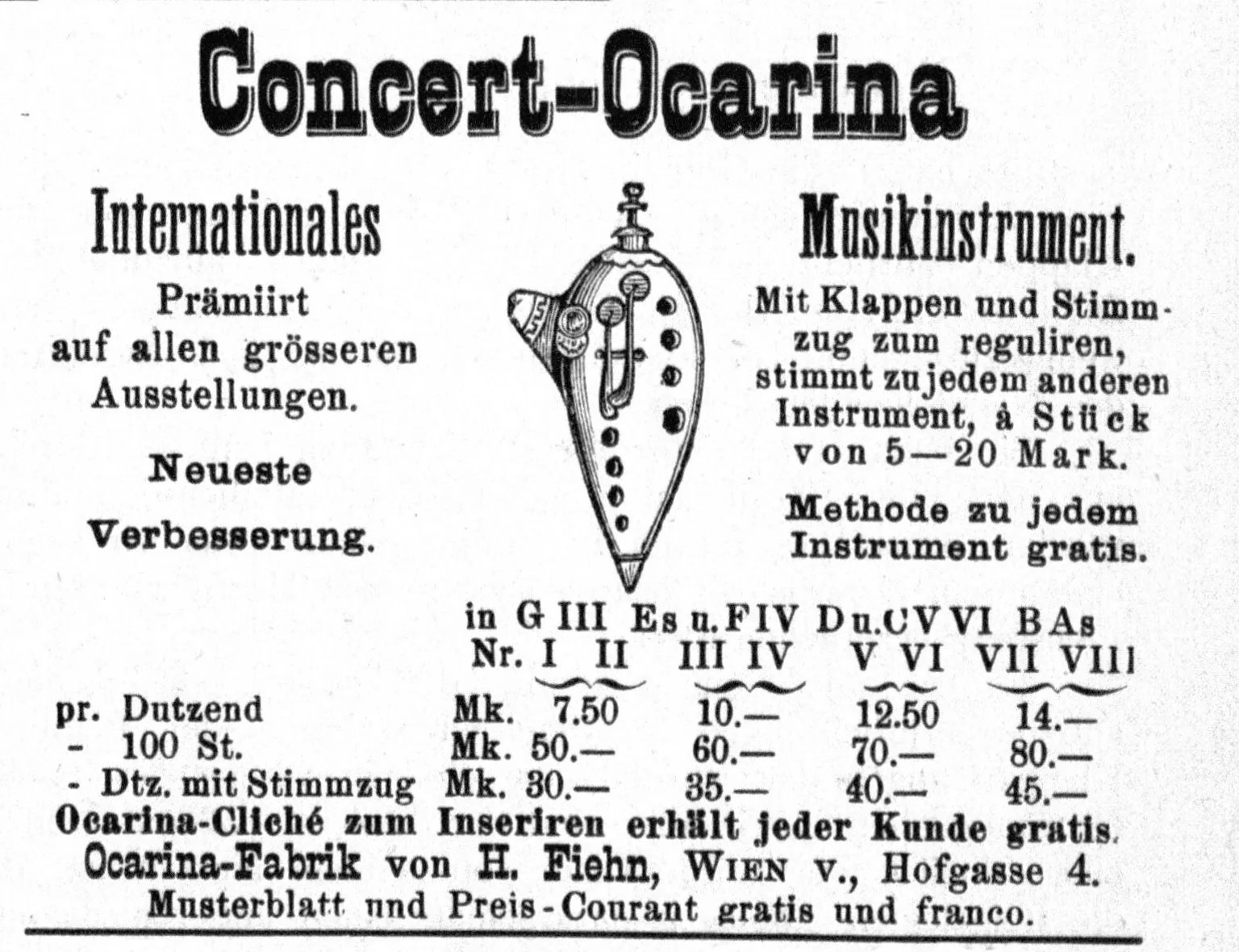 Vintage advertisement for a concert ocarina Vintage advertisement for a concert ocarina