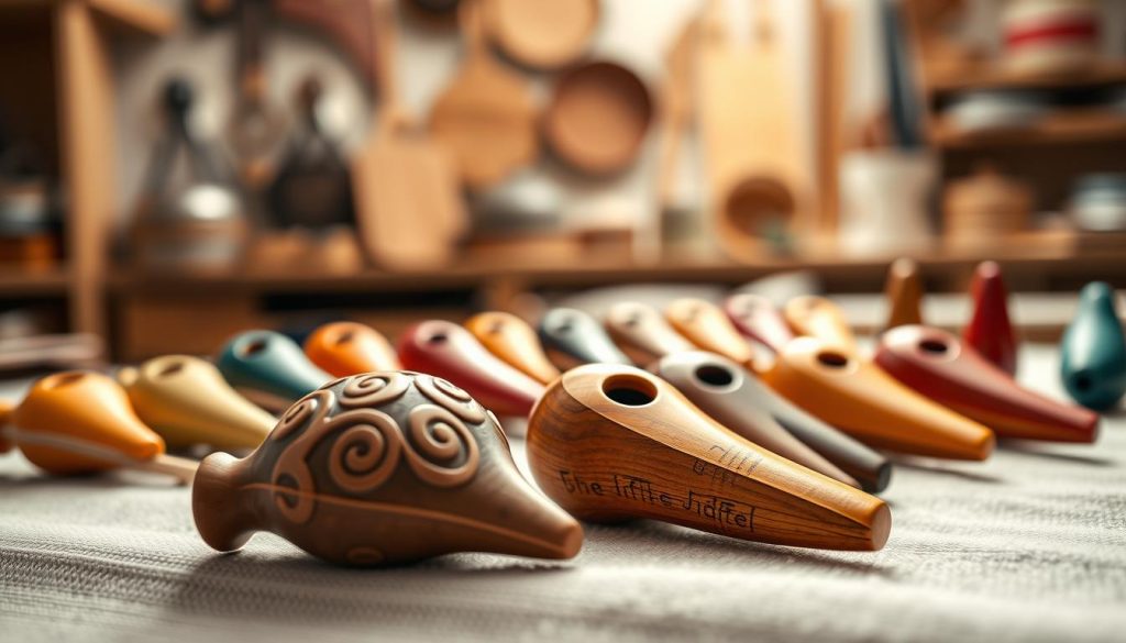 A beautifully arranged display of various ocarinas in different shapes and colors, focusing on their unique tessitures and tunings. In the foreground, a close-up shot of a clay ocarina, showcasing intricate patterns and a glossy finish, while a wooden ocarina with a warm hue is gently positioned nearby. The middle ground features several ocarinas set on a soft, textured surface, with tonal variations highlighting their distinct sizes and designs. The background is a softly blurred workshop setting with warm lighting, emphasizing a creative atmosphere. The overall mood is one of calm serenity, inviting viewers to explore the beauty and diversity of these instruments. Use a soft focus effect with natural lighting to enhance the inviting ambiance. A beautifully arranged display of various ocarinas in different shapes and colors, focusing on their unique tessitures and tunings. In the foreground, a close-up shot of a clay ocarina, showcasing intricate patterns and a glossy finish, while a wooden ocarina with a warm hue is gently positioned nearby. The middle ground features several ocarinas set on a soft, textured surface, with tonal variations highlighting their distinct sizes and designs. The background is a softly blurred workshop setting with warm lighting, emphasizing a creative atmosphere. The overall mood is one of calm serenity, inviting viewers to explore the beauty and diversity of these instruments. Use a soft focus effect with natural lighting to enhance the inviting ambiance.