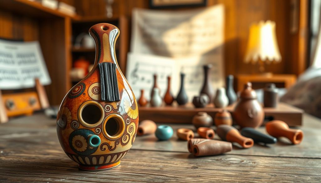 A beautifully crafted multichamber ocarina, with intricate designs and vibrant colors, sits prominently in the foreground, showcasing its unique shape and multiple sound chambers. The ocarina is made of glossy ceramic, reflecting soft natural light that highlights its smooth curves and detailed engravings. In the middle ground, a subtle wooden table displays several other ocarina models, illustrating different sizes and materials, such as clay and plastic, emphasizing their diversity. The background features an out-of-focus music sheet and a cozy, warmly lit room with wooden accents, creating an inviting atmosphere. The overall mood conveys passion for music and craftsmanship, inviting viewers to appreciate the uniqueness of each ocarina model. Use a shallow depth of field to draw attention to the main instrument while maintaining a soft ambiance in the surroundings. A beautifully crafted multichamber ocarina, with intricate designs and vibrant colors, sits prominently in the foreground, showcasing its unique shape and multiple sound chambers. The ocarina is made of glossy ceramic, reflecting soft natural light that highlights its smooth curves and detailed engravings. In the middle ground, a subtle wooden table displays several other ocarina models, illustrating different sizes and materials, such as clay and plastic, emphasizing their diversity. The background features an out-of-focus music sheet and a cozy, warmly lit room with wooden accents, creating an inviting atmosphere. The overall mood conveys passion for music and craftsmanship, inviting viewers to appreciate the uniqueness of each ocarina model. Use a shallow depth of field to draw attention to the main instrument while maintaining a soft ambiance in the surroundings.
