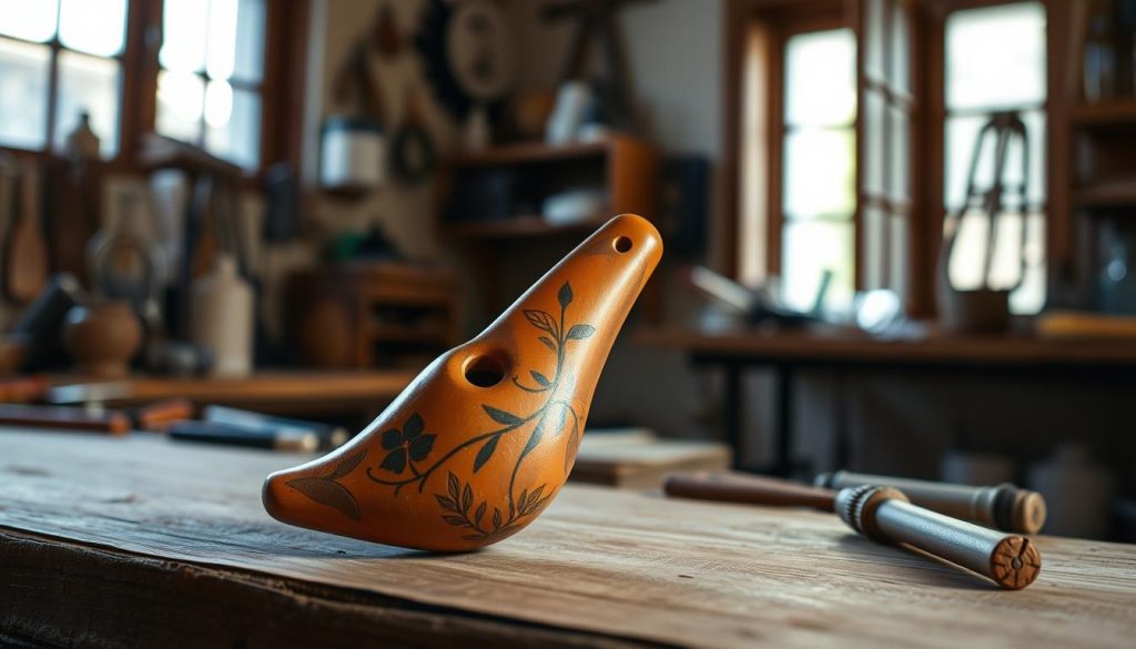 A beautifully crafted ocarina designed by Giuseppe Donati placed prominently in the foreground. The ocarina, made of clay with rich earthy tones, showcases intricate hand-painted designs inspired by Italian culture and nature. In the middle ground, a softly blurred background features an artisan workshop with tools and materials scattered, hinting at the craftsmanship behind the instrument. The overall atmosphere is warm and inviting, illuminated by soft, natural lighting that filters through an open window, creating gentle highlights on the ocarina's surface. The angle is slightly elevated to capture both the ocarina and the workshop ambiance. The scene evokes a sense of music and tradition, embodying the Italian transformation of this unique musical instrument. A beautifully crafted ocarina designed by Giuseppe Donati placed prominently in the foreground. The ocarina, made of clay with rich earthy tones, showcases intricate hand-painted designs inspired by Italian culture and nature. In the middle ground, a softly blurred background features an artisan workshop with tools and materials scattered, hinting at the craftsmanship behind the instrument. The overall atmosphere is warm and inviting, illuminated by soft, natural lighting that filters through an open window, creating gentle highlights on the ocarina's surface. The angle is slightly elevated to capture both the ocarina and the workshop ambiance. The scene evokes a sense of music and tradition, embodying the Italian transformation of this unique musical instrument.
