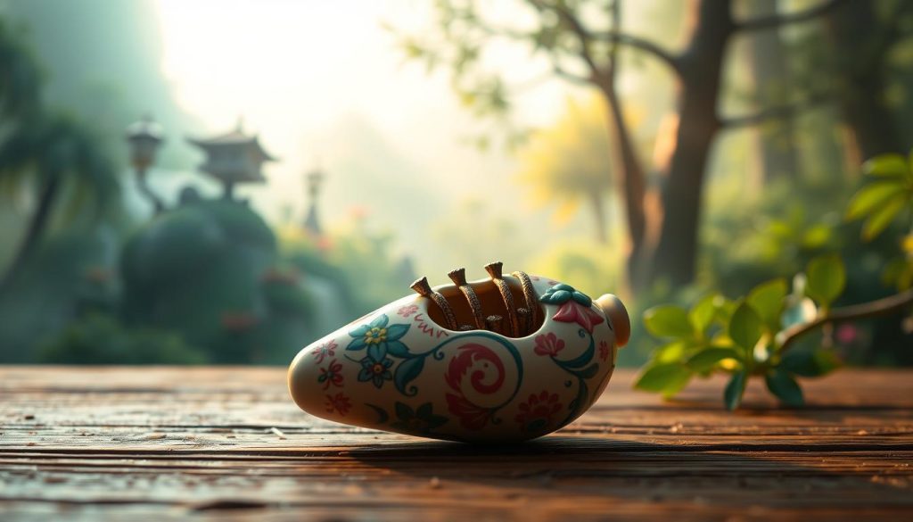 A beautifully crafted ocarina, intricately designed with vibrant colors and delicate patterns, rests prominently in the foreground. The instrument gleams under soft, warm lighting, showcasing its unique shape and smooth ceramic surface. In the middle ground, a serene setting emerges, featuring lush greenery and a hint of a fantasy landscape inspired by video games, symbolizing the cultural impact of gaming on music. The background fades into a misty, enchanting forest, hinting at a sense of adventure and creativity. The atmosphere exudes nostalgia and wonder, inviting viewers to appreciate the ocarina's rich history and its modern resurgence through popular culture. Shot from a slightly elevated angle to capture both the ocarina's details and the surrounding magical ambiance. A beautifully crafted ocarina, intricately designed with vibrant colors and delicate patterns, rests prominently in the foreground. The instrument gleams under soft, warm lighting, showcasing its unique shape and smooth ceramic surface. In the middle ground, a serene setting emerges, featuring lush greenery and a hint of a fantasy landscape inspired by video games, symbolizing the cultural impact of gaming on music. The background fades into a misty, enchanting forest, hinting at a sense of adventure and creativity. The atmosphere exudes nostalgia and wonder, inviting viewers to appreciate the ocarina's rich history and its modern resurgence through popular culture. Shot from a slightly elevated angle to capture both the ocarina's details and the surrounding magical ambiance.