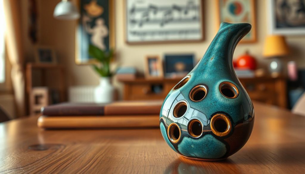 A beautifully crafted ocarina made of ceramic, elegantly positioned in the foreground, showcasing its intricate designs and vibrant glaze. The ocarina features six finger holes, capturing the viewer’s attention with its smooth curves and rich colors, reflecting a light source from the left that creates gentle shadows. In the middle ground, a wooden table is slightly out of focus, suggesting a cozy and inviting space for musical exploration. The background is softly blurred, hinting at a warm, softly lit room adorned with musical notes and art, adding to the atmosphere of creativity and harmony. Overall, the image exudes a sense of warmth, inspiration, and inviting curiosity for those interested in learning about this unique musical instrument.