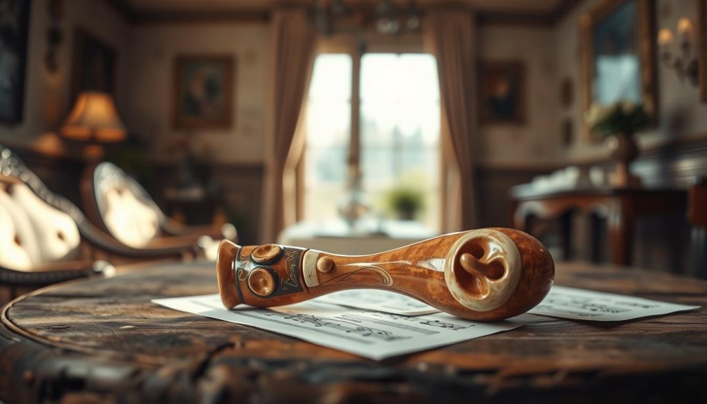 A beautifully crafted ocarina made of clay, showcasing intricate designs and natural glazes. In the foreground, the ocarina is gently illuminated by soft, warm light, highlighting its glossy finish and unique shapes. The middle of the image features the ocarina placed on a rustic wooden table, surrounded by delicate sheets of music. In the background, a blurred view of an elegantly decorated room with natural light streaming through a window, creating an inviting atmosphere. The overall mood is serene and artistic, perfect for capturing the essence of this ancient wind instrument. The composition should evoke a sense of tradition and craftsmanship, with the focus solely on the ocarina and its musical heritage, free of any text or overlays. A beautifully crafted ocarina made of clay, showcasing intricate designs and natural glazes. In the foreground, the ocarina is gently illuminated by soft, warm light, highlighting its glossy finish and unique shapes. The middle of the image features the ocarina placed on a rustic wooden table, surrounded by delicate sheets of music. In the background, a blurred view of an elegantly decorated room with natural light streaming through a window, creating an inviting atmosphere. The overall mood is serene and artistic, perfect for capturing the essence of this ancient wind instrument. The composition should evoke a sense of tradition and craftsmanship, with the focus solely on the ocarina and its musical heritage, free of any text or overlays.