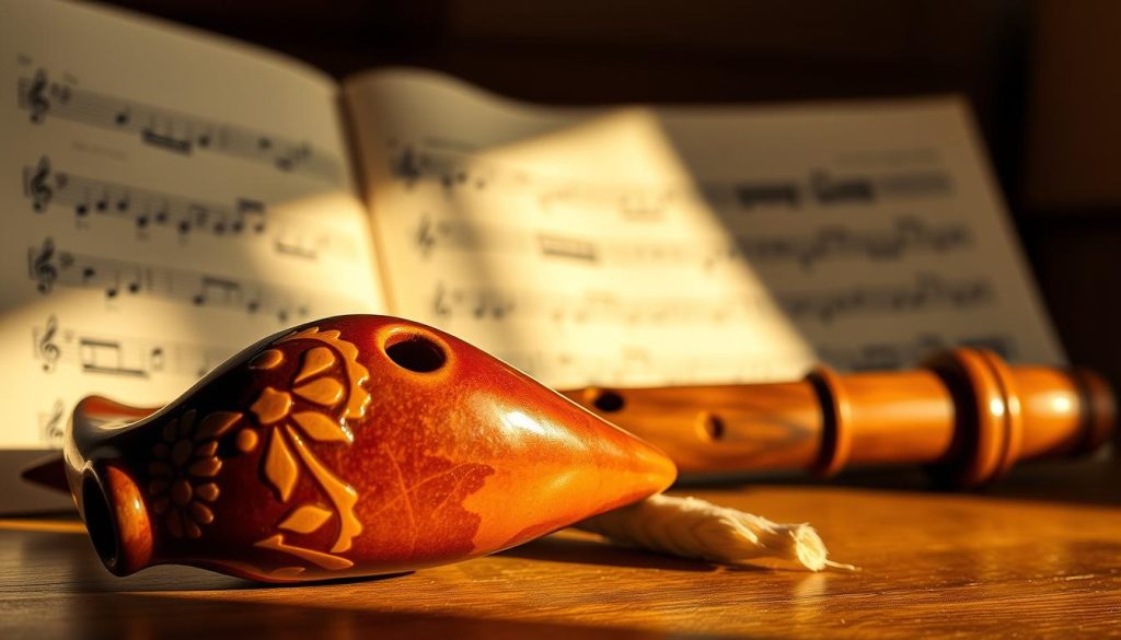 A beautifully crafted ocarina, made of polished ceramic, showcased prominently in the foreground. The ocarina is intricately designed with delicate patterns and a rich, earthy glaze, reflecting warm light. In the middle ground, an elegant wooden flute is positioned nearby, highlighting the differences in shape and texture between the two instruments. The background features a soft-focus music sheet adorned with notes, creating an atmosphere of musical artistry. The lighting is warm and inviting, casting gentle shadows that enhance the craftsmanship of the instruments. The scene evokes a sense of tradition and cultural heritage, inviting the viewer to explore the unique qualities of the ocarina and flute.