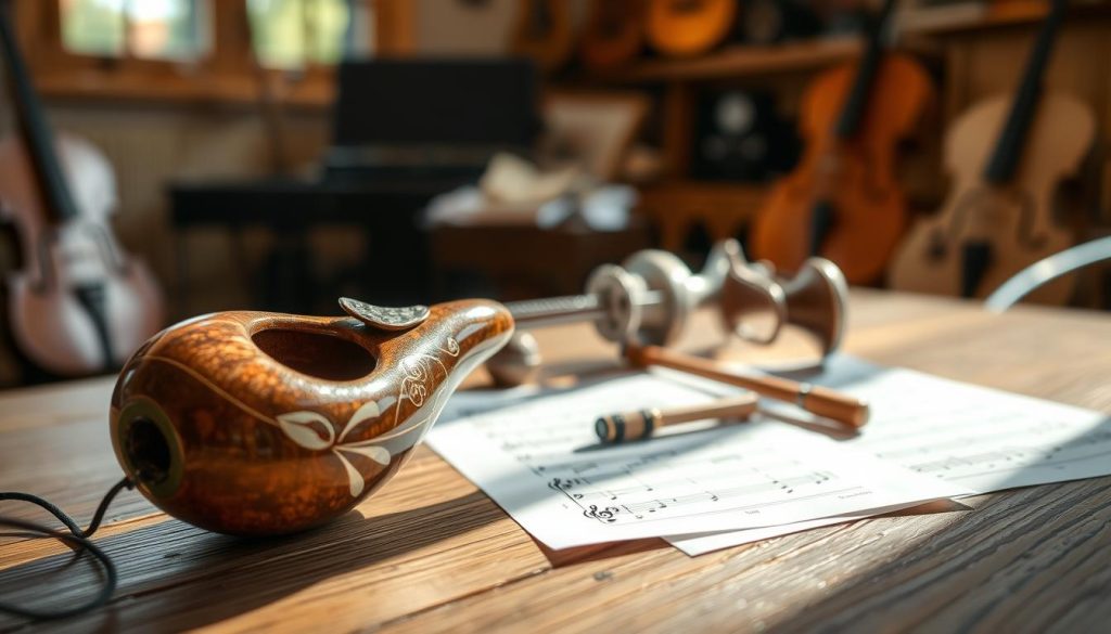 A beautifully crafted ocarina nestled on a wooden table, with soft natural light illuminating its intricate designs. The foreground features the ocarina, showcasing its smooth curves and earthy glaze. In the middle, sheets of music with notes are scattered, hinting at the art of sound production. The background includes a blurred view of a cozy room filled with music instruments, enhancing the atmosphere of creativity and harmony. The image captures a calm, serene ambiance, inviting the viewer to appreciate the delicate sound mechanisms of the ocarina. The overall mood is warm and inspiring, evoking a sense of musical exploration and appreciation.