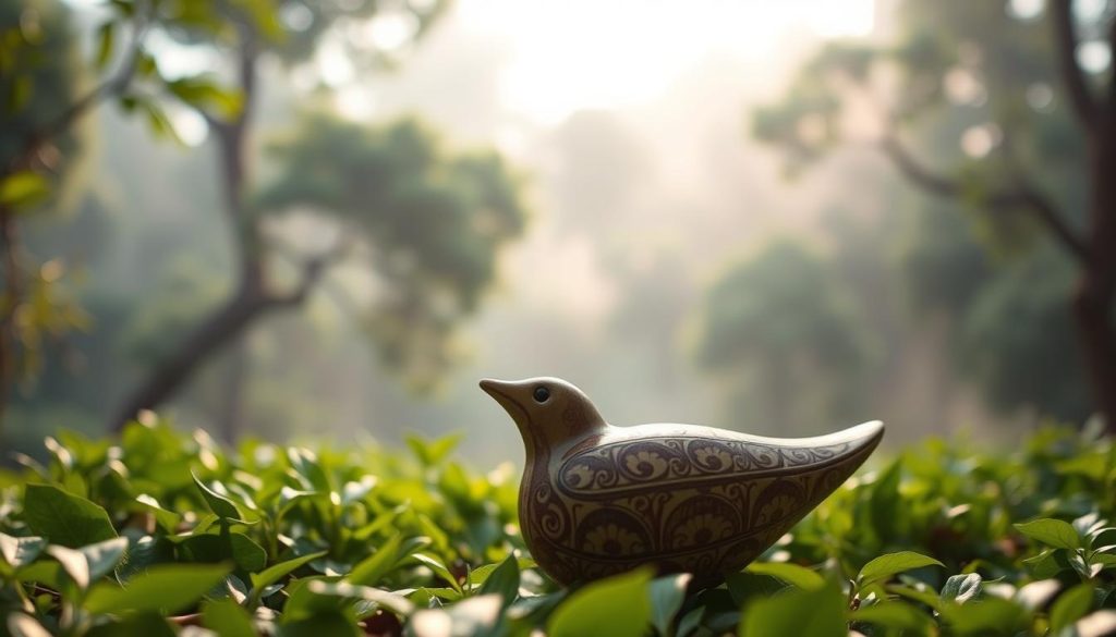 A beautifully crafted ocarina, showcasing intricate patterns and organic textures, is placed in the foreground. The ocarina, shaped like a streamlined bird, glistens under warm, natural light that highlights its ceramic finish and unique glaze. In the middle ground, lush greenery simulates an ancient forest setting, invoking the rich, ancestral roots of wind instruments. Soft, diffused light filters through the treetops, creating a serene ambiance. In the background, delicate mist adds a mystical quality, suggesting the instrument's deep connection to nature and history. The overall mood is tranquil and nostalgic, inviting the viewer to explore the timeless melodies of this traditional flute. A beautifully crafted ocarina, showcasing intricate patterns and organic textures, is placed in the foreground. The ocarina, shaped like a streamlined bird, glistens under warm, natural light that highlights its ceramic finish and unique glaze. In the middle ground, lush greenery simulates an ancient forest setting, invoking the rich, ancestral roots of wind instruments. Soft, diffused light filters through the treetops, creating a serene ambiance. In the background, delicate mist adds a mystical quality, suggesting the instrument's deep connection to nature and history. The overall mood is tranquil and nostalgic, inviting the viewer to explore the timeless melodies of this traditional flute.