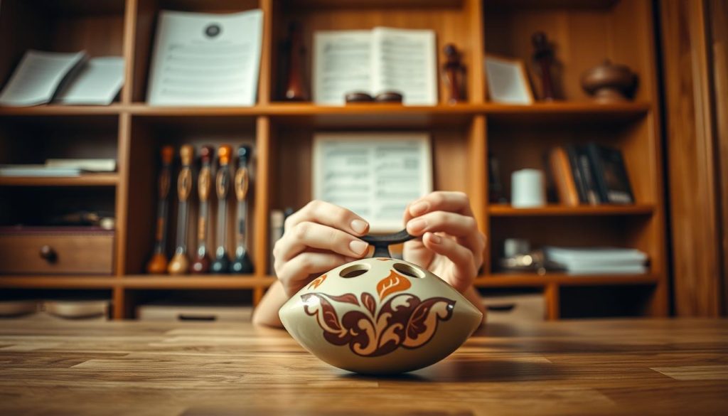 A beautifully crafted ocarina sits prominently in the foreground, showcasing its smooth, ceramic surface and intricate designs that reflect its cultural heritage. The middle ground features hands gently holding the instrument, expertly positioning it for playing, demonstrating the importance of proper tuning and technique. In the background, a soft-focus setting of a warm, inviting room with wooden shelves filled with various ocarinas, music sheets, and tuning tools conveys a sense of a dedicated musician's space. The lighting is soft and warm, creating an intimate and inspiring atmosphere that highlights the craftsmanship of the ocarina. The camera angle is slightly elevated, drawing attention to the detailed craftsmanship while establishing a cozy ambiance, inviting viewers to appreciate the beauty and intricacies involved in selecting an ocarina. A beautifully crafted ocarina sits prominently in the foreground, showcasing its smooth, ceramic surface and intricate designs that reflect its cultural heritage. The middle ground features hands gently holding the instrument, expertly positioning it for playing, demonstrating the importance of proper tuning and technique. In the background, a soft-focus setting of a warm, inviting room with wooden shelves filled with various ocarinas, music sheets, and tuning tools conveys a sense of a dedicated musician's space. The lighting is soft and warm, creating an intimate and inspiring atmosphere that highlights the craftsmanship of the ocarina. The camera angle is slightly elevated, drawing attention to the detailed craftsmanship while establishing a cozy ambiance, inviting viewers to appreciate the beauty and intricacies involved in selecting an ocarina.