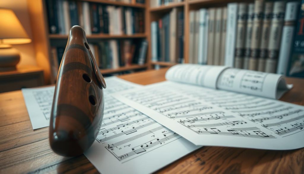 A close-up of a beautifully crafted ocarina placed on a wooden table, surrounded by detailed music tablatures and sheet music. The ocarina displays intricate designs and a glossy finish, while the tablatures feature hand-written notes and symbols, showing various finger positions. In the background, a softly lit room with warm lighting creates an inviting atmosphere, highlighting the textures of the wood and paper. A blurred bookshelf filled with books about music and instruments provides context, adding depth to the scene. The image captures a sense of learning and creativity, perfect for illustrating the process of understanding musical tablatures. The angle is slightly overhead, focusing on the ocarina and sheets, inviting viewers into the world of music education.