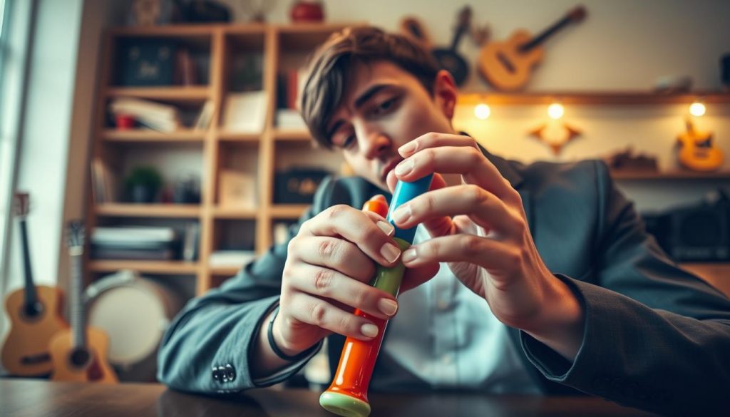 A close-up view of a skilled musician playing a colorful ocarina, showcasing their intricate finger positioning and breath control techniques. The musician, dressed in smart casual attire, is seated at a wooden table in a well-lit room filled with soft, warm light, which highlights the ocarina's glossy finish and vibrant colors. In the background, soft-focus shelves display various musical instruments and sheet music, creating an inviting atmosphere. The focus is sharp on the musician's hands and the ocarina, with a shallow depth of field to emphasize the importance of mastery in breath technique. The overall mood conveys concentration, artistry, and a sense of musical journey, emphasizing the fundamental skills needed for playing the ocarina effectively.