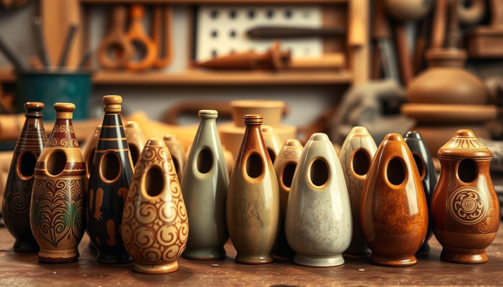 A collection of beautifully crafted ceramic ocarinas displayed prominently in the foreground, showcasing their intricate designs and smooth textures. Each ocarina features unique patterns and earthy glaze finishes that highlight the natural beauty of ceramic. In the middle ground, a subtle comparison is depicted with a few plastic ocarinas, slightly less detailed, to emphasize the difference in material quality. The background features a softly blurred workshop setting, with tools and clay subtly illuminated by warm, ambient light. The overall atmosphere is inviting and artistic, suggesting craftsmanship and musical heritage. Use a shallow depth of field to draw focus on the ocarinas, and capture the scene with a slightly elevated angle to showcase the shapes and colors effectively. A collection of beautifully crafted ceramic ocarinas displayed prominently in the foreground, showcasing their intricate designs and smooth textures. Each ocarina features unique patterns and earthy glaze finishes that highlight the natural beauty of ceramic. In the middle ground, a subtle comparison is depicted with a few plastic ocarinas, slightly less detailed, to emphasize the difference in material quality. The background features a softly blurred workshop setting, with tools and clay subtly illuminated by warm, ambient light. The overall atmosphere is inviting and artistic, suggesting craftsmanship and musical heritage. Use a shallow depth of field to draw focus on the ocarinas, and capture the scene with a slightly elevated angle to showcase the shapes and colors effectively.
