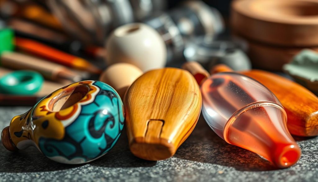 A detailed close-up of various ocarinas made from different materials, including ceramic, wood, and plastic, arranged artistically on a textured surface. The foreground features a beautifully glazed ceramic ocarina in vibrant colors, with intricate designs highlighted by soft, natural lighting. The middle layer showcases a polished wooden ocarina, with warm tones reflecting the light, alongside a transparent plastic ocarina, subtly illuminated to show its contours. In the background, a blurred assortment of tools used in ocarina crafting, such as paint brushes and various clays, creates a workshop ambiance. The overall mood is warm and inviting, with a focus on the craftsmanship and variety of materials used in ocarina production, emphasizing the artistry and diversity of these musical instruments.