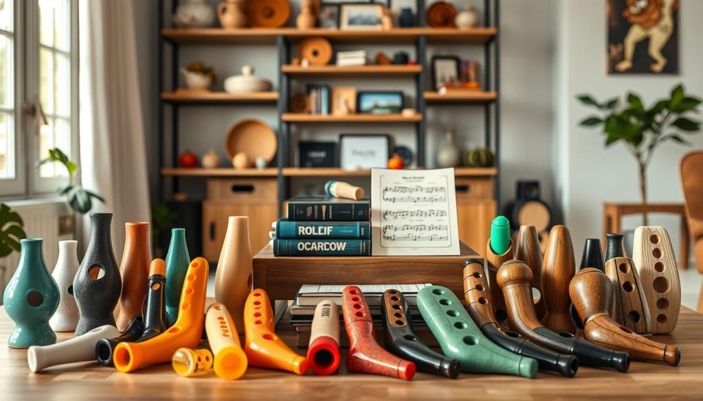 A detailed comparison of various ocarina brands, displayed prominently in a creative layout. In the foreground, showcase an array of beautifully crafted ocarinas in different shapes and colors, such as ceramic, plastic, and wooden models, each with unique designs. In the middle, place a stylish wooden table with sample music sheets and a few music books about ocarinas, hinting at their educational value. The background should feature a soft-focus, cozy music room ambiance with warm lighting, highlighting a shelf filled with various musical instruments and decorative items. Capture the atmosphere of inspiration and artistic exploration, using natural light to create depth and accentuate the textures of the ocarinas. Aim for a close-up angle that invites the viewer to appreciate the craftsmanship of each instrument. A detailed comparison of various ocarina brands, displayed prominently in a creative layout. In the foreground, showcase an array of beautifully crafted ocarinas in different shapes and colors, such as ceramic, plastic, and wooden models, each with unique designs. In the middle, place a stylish wooden table with sample music sheets and a few music books about ocarinas, hinting at their educational value. The background should feature a soft-focus, cozy music room ambiance with warm lighting, highlighting a shelf filled with various musical instruments and decorative items. Capture the atmosphere of inspiration and artistic exploration, using natural light to create depth and accentuate the textures of the ocarinas. Aim for a close-up angle that invites the viewer to appreciate the craftsmanship of each instrument.