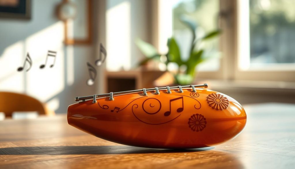 A premier ocarina displayed elegantly as the focal point in the foreground, showcasing intricate craftsmanship with a glossy finish and a unique design featuring traditional patterns. The middle layer includes a softly lit wooden table, enhancing the warm tones of the ocarina. In the background, blurred musical notes float gently, hinting at the melodious sounds of the instrument, creating a serene atmosphere. Natural light streams in from a nearby window, illuminating the ocarina and casting soft shadows that add depth. The composition should evoke a sense of craftsmanship and artistry, inviting viewers to appreciate the beauty of this unique musical instrument. A premier ocarina displayed elegantly as the focal point in the foreground, showcasing intricate craftsmanship with a glossy finish and a unique design featuring traditional patterns. The middle layer includes a softly lit wooden table, enhancing the warm tones of the ocarina. In the background, blurred musical notes float gently, hinting at the melodious sounds of the instrument, creating a serene atmosphere. Natural light streams in from a nearby window, illuminating the ocarina and casting soft shadows that add depth. The composition should evoke a sense of craftsmanship and artistry, inviting viewers to appreciate the beauty of this unique musical instrument.