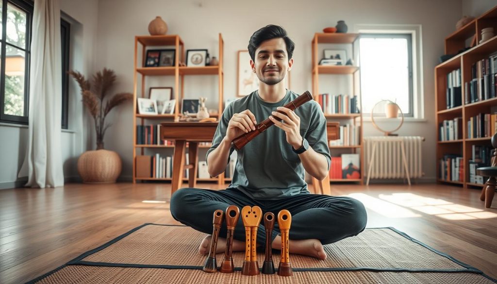 A serene indoor environment showcasing a well-lit area with soft, natural light filtering through a window. In the foreground, a musician sits cross-legged on a comfortable mat, holding an ocarina with proper posture, demonstrating a relaxed yet focused expression. The musician wears modest casual clothing, emphasizing a professional vibe. The middle layer features a wooden table adorned with various types of ocarinas, showcasing their intricacies. In the background, shelves lined with music books and decorative items create a warm atmosphere of creativity and learning. The camera angle is slightly above eye level, capturing the musician's form and the details of the instrument, emphasizing the importance of posture and technique in playing the ocarina. Overall, the image conveys an inviting and informative mood, perfect for illustrating mastery of the instrument.
