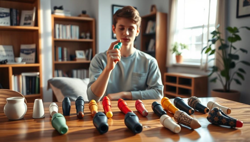 A serene indoor setting highlighting a beginner-friendly ocarina learning scene. In the foreground, a well-lit wooden table displays a variety of ocarinas—ceramic, plastic, and decorative types—each showcasing different colors and designs. In the middle ground, a focused young adult, dressed in casual yet neat clothing, holds an ocarina in a thoughtful posture, demonstrating proper hand positioning. Natural light filters through a window nearby, casting soft shadows and illuminating the scene with a warm glow, creating an inviting atmosphere. In the background, shelves filled with music books and a potted plant add a touch of coziness. The overall mood is encouraging and educational, emphasizing the joy of learning music. A serene indoor setting highlighting a beginner-friendly ocarina learning scene. In the foreground, a well-lit wooden table displays a variety of ocarinas—ceramic, plastic, and decorative types—each showcasing different colors and designs. In the middle ground, a focused young adult, dressed in casual yet neat clothing, holds an ocarina in a thoughtful posture, demonstrating proper hand positioning. Natural light filters through a window nearby, casting soft shadows and illuminating the scene with a warm glow, creating an inviting atmosphere. In the background, shelves filled with music books and a potted plant add a touch of coziness. The overall mood is encouraging and educational, emphasizing the joy of learning music.