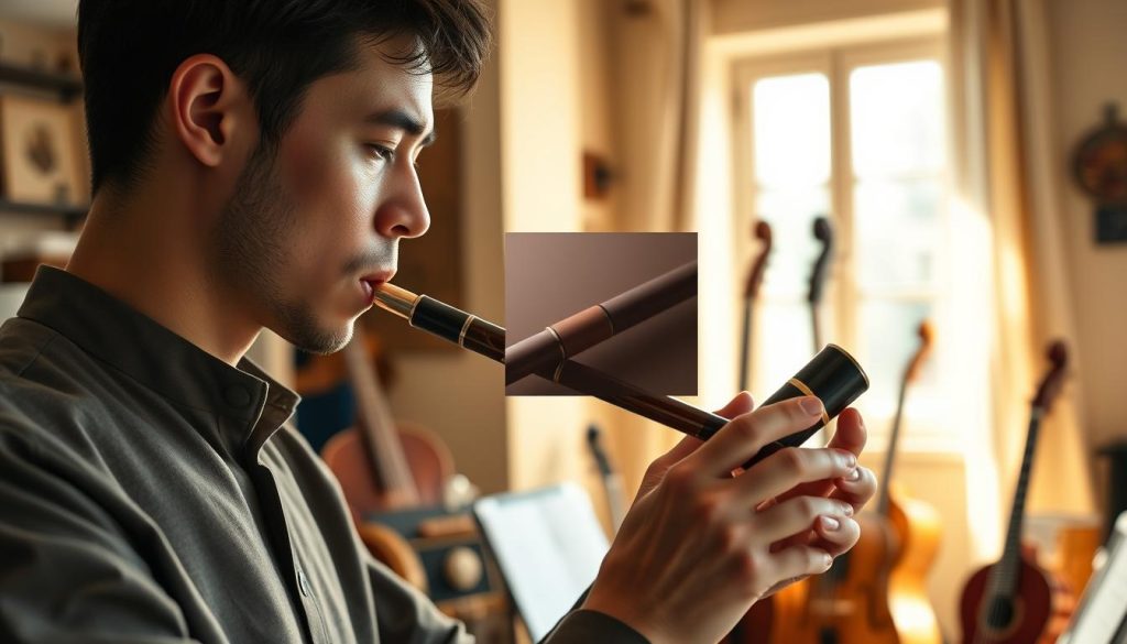 A skilled musician playing a technique-focused souffle on an ocarina, positioned in the foreground. The musician, dressed in a simple yet elegant outfit, is intently focused, gently blowing into the ocarina while demonstrating proper breath control. The middle layer features a close-up of the ocarina, highlighting its intricate design and glossy surface. The background softly blurs to reveal a serene, warm-toned room filled with various musical instruments, suggesting a rich atmosphere of creativity and harmony. Soft, natural lighting streams in from a nearby window, casting gentle shadows and enhancing the peaceful mood of the scene. The composition captures the essence of mastery and the beauty of musical technique.