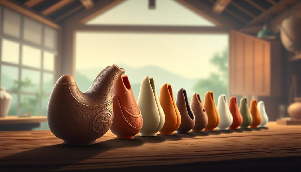 A visually striking illustration representing the technical evolution of the ocarina, showcasing a timeline of various ocarina designs from ancient to modern. In the foreground, display an elegantly crafted ancient clay ocarina, with intricate patterns and earthy textures. In the middle, feature a series of progressively modern ocarinas, transitioning from handmade ceramics to sleek, standardized plastic versions, reflecting varying sizes and shapes. The background should depict a soft, blurred landscape of a serene music workshop, illuminated by gentle, warm lighting to evoke a nostalgic atmosphere. Capture a sense of innovation and tradition, with a focus on craftsmanship, conveying the rich heritage and development of this unique instrument through thoughtful composition and detail. A visually striking illustration representing the technical evolution of the ocarina, showcasing a timeline of various ocarina designs from ancient to modern. In the foreground, display an elegantly crafted ancient clay ocarina, with intricate patterns and earthy textures. In the middle, feature a series of progressively modern ocarinas, transitioning from handmade ceramics to sleek, standardized plastic versions, reflecting varying sizes and shapes. The background should depict a soft, blurred landscape of a serene music workshop, illuminated by gentle, warm lighting to evoke a nostalgic atmosphere. Capture a sense of innovation and tradition, with a focus on craftsmanship, conveying the rich heritage and development of this unique instrument through thoughtful composition and detail.