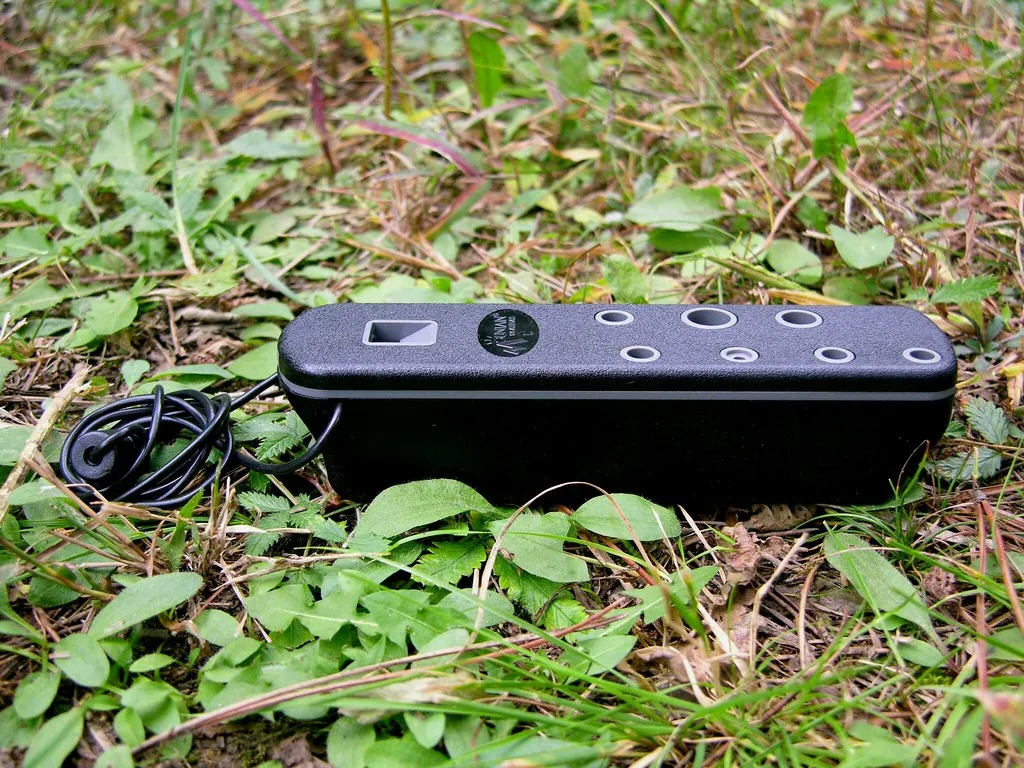 Black rectangular ocarina lying in the grass
