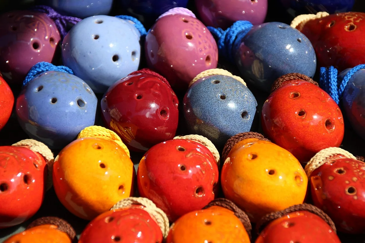 Multicolored ceramic ocarinas with cords