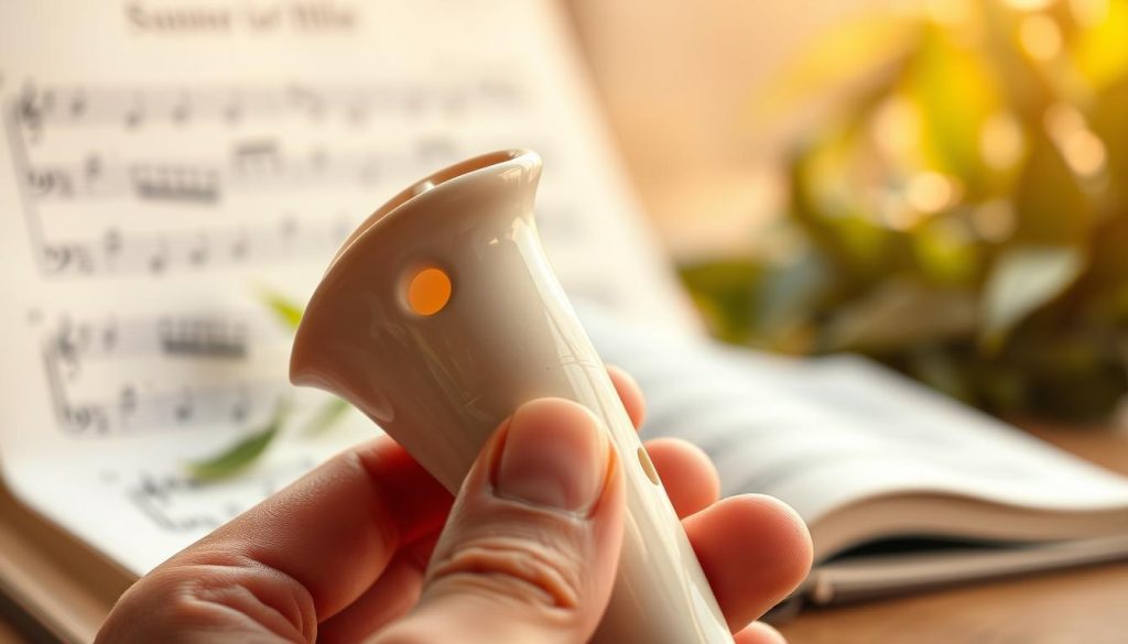 A beautifully crafted, close-up image of an embouchure ocarina, showcasing its smooth ceramic surface and intricate designs. The foreground features the ocarina held gently by a pair of hands, positioned to emphasize the finger placement and the mouthpiece. The light source is soft and warm, casting gentle highlights along the curves of the ocarina, enhancing its artistic details. In the background, a blurred musical score gives a subtle nod to its musical purpose, while hints of lush greenery fade into the distance, evoking a calming outdoor atmosphere. The composition aims to reflect the harmony between breath control and artistry in playing, creating a serene and focused mood ideal for understanding the nuances of ocarina play. A beautifully crafted, close-up image of an embouchure ocarina, showcasing its smooth ceramic surface and intricate designs. The foreground features the ocarina held gently by a pair of hands, positioned to emphasize the finger placement and the mouthpiece. The light source is soft and warm, casting gentle highlights along the curves of the ocarina, enhancing its artistic details. In the background, a blurred musical score gives a subtle nod to its musical purpose, while hints of lush greenery fade into the distance, evoking a calming outdoor atmosphere. The composition aims to reflect the harmony between breath control and artistry in playing, creating a serene and focused mood ideal for understanding the nuances of ocarina play.