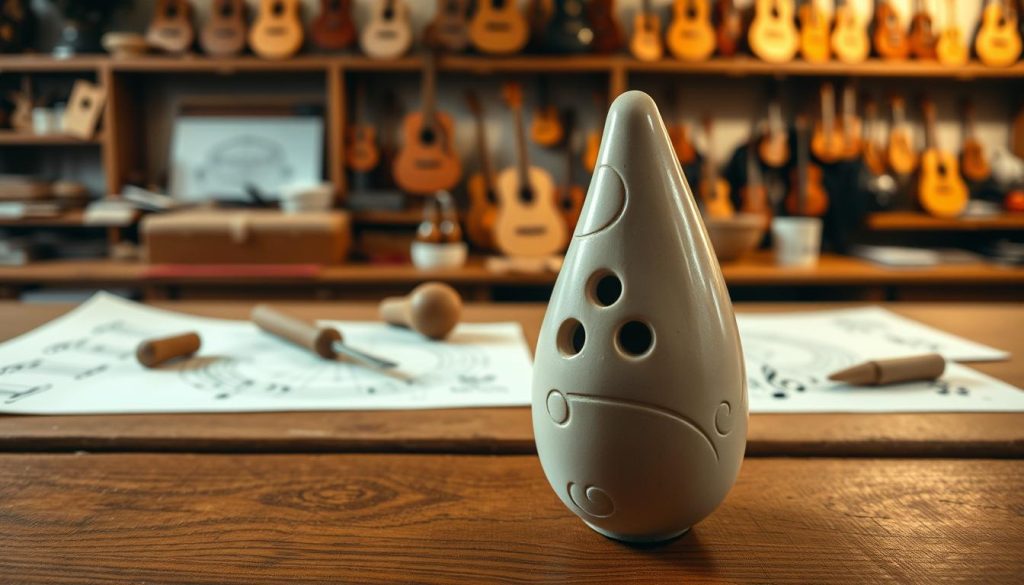 A beautifully crafted modern ocarina displayed prominently in the foreground, showcasing its smooth ceramic texture and intricate designs. The ocarina should be adorned with subtle artistic patterns, reflecting its musical heritage. In the middle ground, a wooden table is arranged with tools and sketches related to Giuseppe Donati's ocarina-making process, such as a chisel, clay, and design plans. In the background, soft ambient lighting casts a warm glow, highlighting the workshop environment filled with shelves of musical instruments and art supplies. The scene evokes a sense of creativity and craftsmanship, inviting viewers to explore the origins of the modern ocarina. Use a shallow depth of field to emphasize the ocarina in the foreground, creating an intimate and artistic mood.