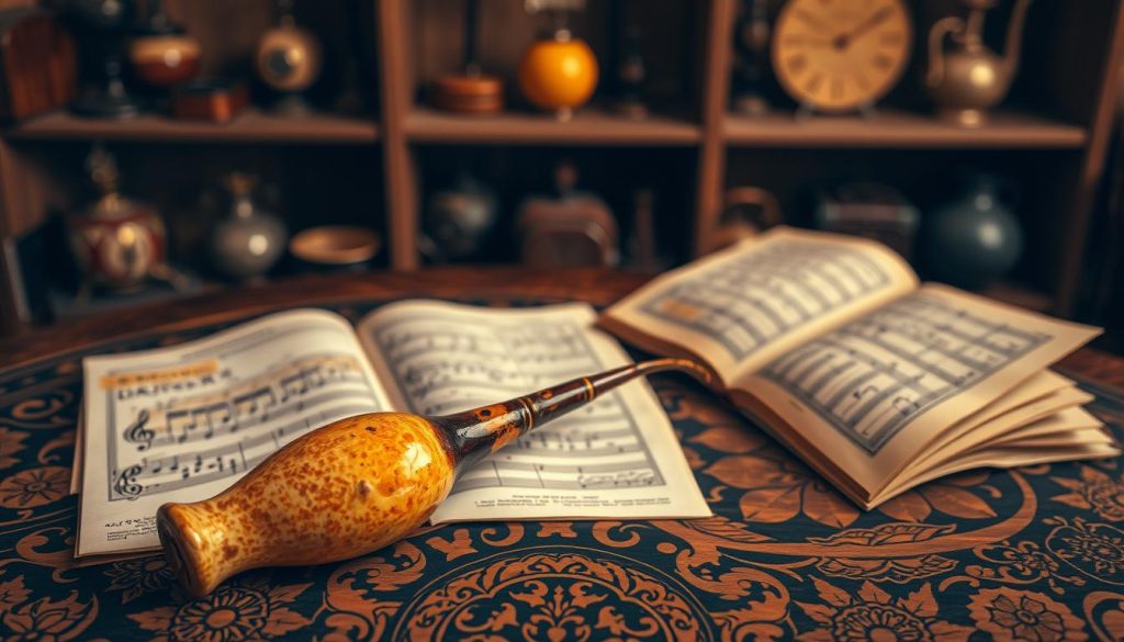 A beautifully crafted ocarina resting on an intricately designed table, surrounded by old European maps and historical musical notation sheets, representing its evolution. The foreground emphasizes the ocarina, showcasing its smooth ceramic texture and vibrant glazes in warm earth tones. In the middle ground, an open book on music history is partially visible, hinting at the ocarina's significance in European culture. The background features softly blurred shelves filled with antique musical instruments, creating a sense of nostalgia and cultural richness. Warm, ambient lighting casts gentle shadows, creating a cozy atmosphere, evoking an appreciation for the instrument’s historical journey. The angle is a slight top-down view, allowing a comprehensive glimpse of the scene's layered elements.