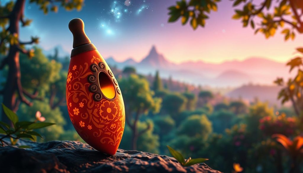 A beautifully crafted ocarina set against a vibrant, mystical landscape inspired by video game aesthetics. In the foreground, the ocarina is intricately designed with floral and geometric patterns, reflecting its cultural significance. The middle ground features a lush, enchanted forest reminiscent of fantasy game realms, with soft, ethereal lighting filtering through the leaves. In the background, distant mountains rise under a starry night sky, adding depth and wonder. The atmosphere is enchanting, evoking a sense of nostalgia and adventure found in iconic video games. The scene is illuminated by a soft, magical glow, highlighting the ocarina and creating a serene and inviting mood. The perspective is slightly elevated, capturing the beauty of both the instrument and its surroundings. A beautifully crafted ocarina set against a vibrant, mystical landscape inspired by video game aesthetics. In the foreground, the ocarina is intricately designed with floral and geometric patterns, reflecting its cultural significance. The middle ground features a lush, enchanted forest reminiscent of fantasy game realms, with soft, ethereal lighting filtering through the leaves. In the background, distant mountains rise under a starry night sky, adding depth and wonder. The atmosphere is enchanting, evoking a sense of nostalgia and adventure found in iconic video games. The scene is illuminated by a soft, magical glow, highlighting the ocarina and creating a serene and inviting mood. The perspective is slightly elevated, capturing the beauty of both the instrument and its surroundings.