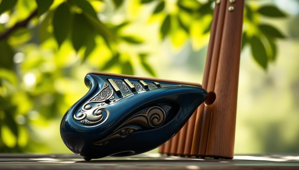 A beautifully designed ocarina, featuring elegant curves and intricate carvings, placed in the foreground. The ocarina showcases a rich, glossy glaze in deep blue hues that catch the light, highlighting its craftsmanship. Beside it, a traditional pan flute with distinct tall, vertical reeds showcases natural wooden tones, offering a clear contrast in design. In the middle background, a soft, blurred setting of a serene nature scene, with dappled sunlight filtering through green leaves, enhances the atmosphere of harmony and artistry. Soft shadows provide depth, while a gentle focus creates a dreamy, inviting mood. The image should capture the subtle differences in design and form between these two instruments without any distractions or text overlay. A beautifully designed ocarina, featuring elegant curves and intricate carvings, placed in the foreground. The ocarina showcases a rich, glossy glaze in deep blue hues that catch the light, highlighting its craftsmanship. Beside it, a traditional pan flute with distinct tall, vertical reeds showcases natural wooden tones, offering a clear contrast in design. In the middle background, a soft, blurred setting of a serene nature scene, with dappled sunlight filtering through green leaves, enhances the atmosphere of harmony and artistry. Soft shadows provide depth, while a gentle focus creates a dreamy, inviting mood. The image should capture the subtle differences in design and form between these two instruments without any distractions or text overlay.