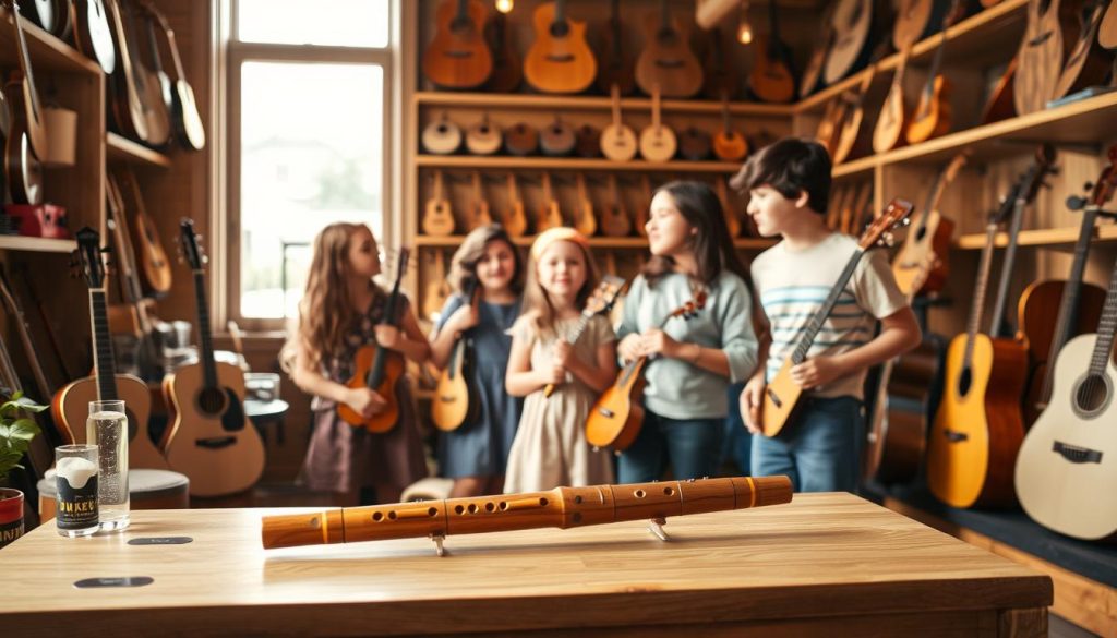 A cozy music shop interior filled with various instruments showcasing a warm wooden aesthetic. In the foreground, a well-organized display of an ocarina and a pan flute on a wooden table, with soft natural light filtering through a nearby window, creating a serene atmosphere. In the middle ground, a diverse group of individuals, including children and teens dressed in modest casual clothing, are engaging in a lively discussion about choosing their first musical instruments, with expressions of curiosity and excitement. In the background, shelves filled with other musical instruments, illuminated by gentle light, enhancing the inviting and inspiring mood for aspiring musicians. Use a slightly elevated angle to capture the interactions and instruments clearly, with a soft focus on the background to emphasize the foreground subjects. A cozy music shop interior filled with various instruments showcasing a warm wooden aesthetic. In the foreground, a well-organized display of an ocarina and a pan flute on a wooden table, with soft natural light filtering through a nearby window, creating a serene atmosphere. In the middle ground, a diverse group of individuals, including children and teens dressed in modest casual clothing, are engaging in a lively discussion about choosing their first musical instruments, with expressions of curiosity and excitement. In the background, shelves filled with other musical instruments, illuminated by gentle light, enhancing the inviting and inspiring mood for aspiring musicians. Use a slightly elevated angle to capture the interactions and instruments clearly, with a soft focus on the background to emphasize the foreground subjects.