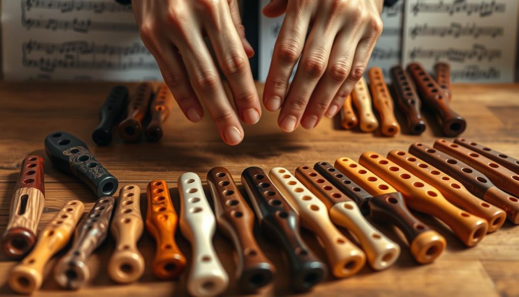 A detailed view of various ocarina fingering systems displayed on a wooden table. In the foreground, an array of ocarinas, each with different designs, sizes, and finger hole arrangements. The middle section features a close-up of a musician's hands positioned above the ocarinas, demonstrating proper finger placement. The background shows a blurred sheet music with notes, symbolizing the connection to musical tessitura. Soft, natural lighting illuminates the scene, highlighting the glossy textures of the ocarinas and the hands. The angle is slightly elevated to capture the intricate details of the finger configurations. The overall atmosphere is insightful and educational, inviting viewers into the world of ocarina music. A detailed view of various ocarina fingering systems displayed on a wooden table. In the foreground, an array of ocarinas, each with different designs, sizes, and finger hole arrangements. The middle section features a close-up of a musician's hands positioned above the ocarinas, demonstrating proper finger placement. The background shows a blurred sheet music with notes, symbolizing the connection to musical tessitura. Soft, natural lighting illuminates the scene, highlighting the glossy textures of the ocarinas and the hands. The angle is slightly elevated to capture the intricate details of the finger configurations. The overall atmosphere is insightful and educational, inviting viewers into the world of ocarina music.