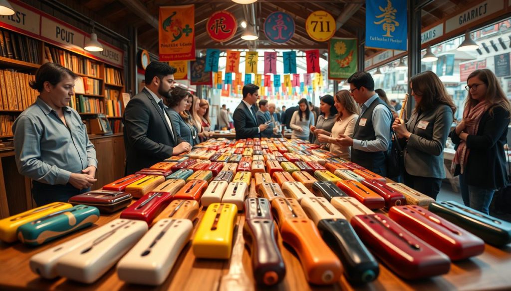 A vibrant, detailed market scene illustrating the accessibility of ocarinas for sale. In the foreground, showcase a wooden display table filled with various ocarinas, their smooth surfaces glistening under soft, warm light. Each ocarina features unique designs and colors, inviting attention. In the middle ground, include diverse individuals, dressed in professional attire, browsing the instruments, discussing their options with store staff. The background should depict a lively market atmosphere, with colorful banners and other musical instruments like pan flutes subtly visible to suggest distinction. The overall mood is inviting and educational, emphasizing the celebration of accessibility in the music community. Use a wide-angle lens effect to capture the depth, with soft focus on surrounding details. A vibrant, detailed market scene illustrating the accessibility of ocarinas for sale. In the foreground, showcase a wooden display table filled with various ocarinas, their smooth surfaces glistening under soft, warm light. Each ocarina features unique designs and colors, inviting attention. In the middle ground, include diverse individuals, dressed in professional attire, browsing the instruments, discussing their options with store staff. The background should depict a lively market atmosphere, with colorful banners and other musical instruments like pan flutes subtly visible to suggest distinction. The overall mood is inviting and educational, emphasizing the celebration of accessibility in the music community. Use a wide-angle lens effect to capture the depth, with soft focus on surrounding details.