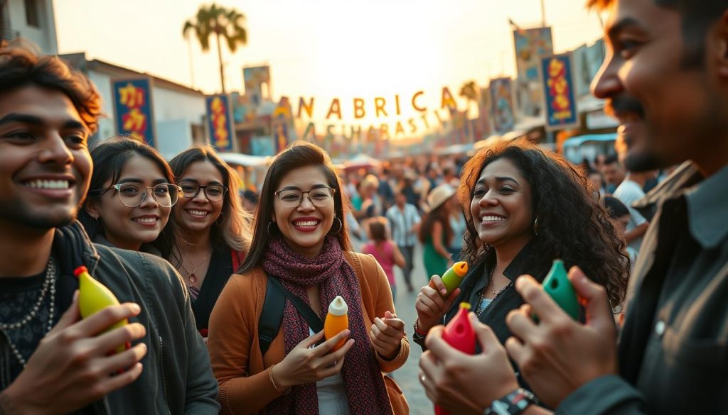A vibrant scene capturing the essence of "ocarina culture populaire." In the foreground, a diverse group of musicians of various ethnicities, dressed in casual yet stylish clothing, play a range of ocarinas, displaying different shapes and colors. Their expressions radiate joy and creativity. In the middle ground, a lively crowd is gathered, enjoying a street festival themed around the ocarina, with colorful banners and art installations celebrating its history. In the background, a sunset casts a warm golden glow, with soft, diffused lighting enhancing the festive atmosphere. The overall mood is celebratory and nostalgic, reflecting the resurgence of interest in this traditional instrument within modern pop culture. The perspective is slightly low-angle, emphasizing the musicians and the vibrant energy of the festival.