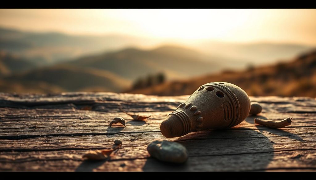 An artistic representation of ancient ocarina vestiges, showcasing a weathered clay ocarina on a textured wooden surface. In the foreground, the ocarina is intricately detailed with primitive carvings and earthy tones, reflecting its historical context. In the middle ground, scattered around the ocarina are small, natural elements like dried leaves and stones, adding to the organic feel. The background features a blurred landscape of rolling hills under soft, diffused sunlight, creating a serene atmosphere. The overall mood is nostalgic and contemplative, reminiscent of ancestral arts and traditions. The image captures the essence of the ocarina's origins, inviting the viewer to explore its rich history. Ensure the lighting highlights the curves and texture of the ocarina, emphasizing its craftsmanship.