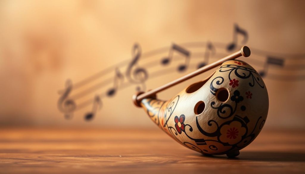 An exquisitely crafted ocarina made of ceramic, prominently displayed in the foreground with intricate hand-painted designs. In the middle, a gentle gradient background transitions from soft earth tones to a subtle blurred representation of musical notes, symbolizing sound and melody. The lighting is warm and soft, casting gentle highlights on the ocarina to accentuate its curvature and detail. A shallow depth of field focuses tightly on the ocarina, while the background remains softly out of focus, creating a dreamy and inviting atmosphere. The scene conveys a sense of harmony and artistry, perfect for exploring the contrasts between the ocarina and traditional flutes. An exquisitely crafted ocarina made of ceramic, prominently displayed in the foreground with intricate hand-painted designs. In the middle, a gentle gradient background transitions from soft earth tones to a subtle blurred representation of musical notes, symbolizing sound and melody. The lighting is warm and soft, casting gentle highlights on the ocarina to accentuate its curvature and detail. A shallow depth of field focuses tightly on the ocarina, while the background remains softly out of focus, creating a dreamy and inviting atmosphere. The scene conveys a sense of harmony and artistry, perfect for exploring the contrasts between the ocarina and traditional flutes.