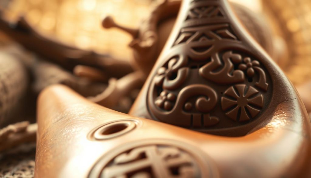 Close-up of a traditional ocarina made from clay, showcasing its intricate designs and varying textures. In the foreground, highlight the smooth, glossy surface of the ocarina, with detailed carvings that reveal cultural significance. The middle ground features a soft, blurred background of natural materials like wood and fabric, symbolizing the diverse elements used in ocarina construction. Use warm, natural lighting to create a serene atmosphere, casting gentle shadows that enhance the ocarina’s curves. The camera angle should be slightly tilted and positioned above the instrument, capturing both its form and the surrounding materials. Aim for a calming, authentic ambiance that reflects the craftsmanship and sound character inherent in ocarinas. Close-up of a traditional ocarina made from clay, showcasing its intricate designs and varying textures. In the foreground, highlight the smooth, glossy surface of the ocarina, with detailed carvings that reveal cultural significance. The middle ground features a soft, blurred background of natural materials like wood and fabric, symbolizing the diverse elements used in ocarina construction. Use warm, natural lighting to create a serene atmosphere, casting gentle shadows that enhance the ocarina’s curves. The camera angle should be slightly tilted and positioned above the instrument, capturing both its form and the surrounding materials. Aim for a calming, authentic ambiance that reflects the craftsmanship and sound character inherent in ocarinas.