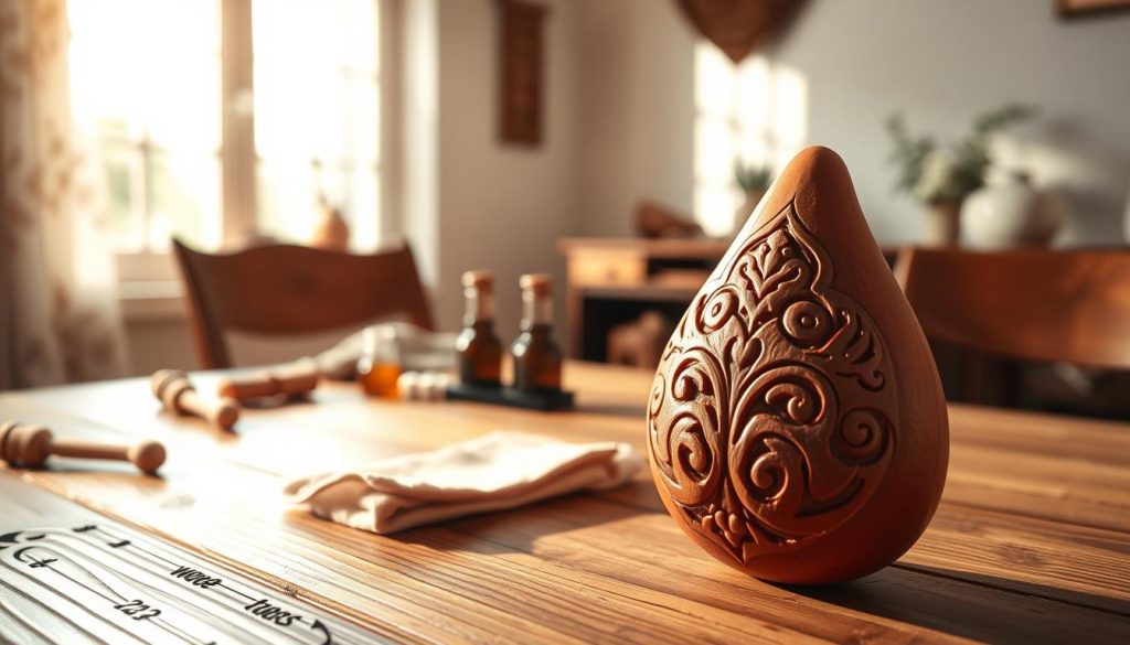 A beautifully crafted ocarina made of durable clay, prominently positioned in the foreground. The ocarina showcases intricate carvings with earthy tones of brown and ochre, reflecting its natural materials. In the middle ground, a soft-focus wooden table adds warmth, while scattered ocarina maintenance tools like a soft cloth and natural oils hint at care practices. The background features a serene, sunlit room with a gentle play of light filtering through a window, creating a peaceful atmosphere. Natural shadows enhance the texture of the ocarina and the surroundings. The composition should evoke a sense of harmony between craftsmanship and sustainability, emphasizing the durability and maintenance of traditional instruments.