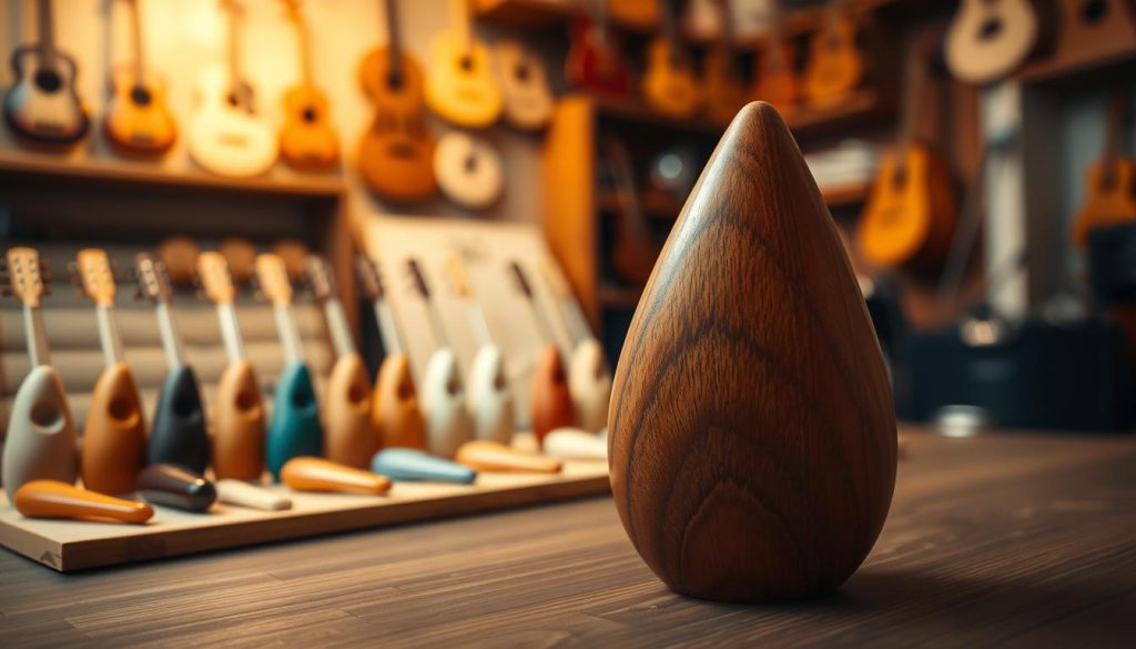 A beautifully crafted wooden ocarina in the foreground, showcasing its smooth, natural grain and elegant curves. The middle ground features a soft-focus display of various ocarinas made from different materials—ceramic and plastic—highlighting their contrasting textures. In the background, a cozy, warmly-lit music studio filled with shelves of musical instruments and soft, ambient lighting creates an inviting atmosphere. The scene captures the essence of craftsmanship and musicality, emphasizing the ocarina’s wooden version as a traditional, artisanal choice. The image should have a shallow depth of field to draw the viewer's attention to the wooden ocarina, while soft shadows and warm tones enhance the overall mood of creativity and warmth, inviting appreciation for the natural materials. A beautifully crafted wooden ocarina in the foreground, showcasing its smooth, natural grain and elegant curves. The middle ground features a soft-focus display of various ocarinas made from different materials—ceramic and plastic—highlighting their contrasting textures. In the background, a cozy, warmly-lit music studio filled with shelves of musical instruments and soft, ambient lighting creates an inviting atmosphere. The scene captures the essence of craftsmanship and musicality, emphasizing the ocarina’s wooden version as a traditional, artisanal choice. The image should have a shallow depth of field to draw the viewer's attention to the wooden ocarina, while soft shadows and warm tones enhance the overall mood of creativity and warmth, inviting appreciation for the natural materials.