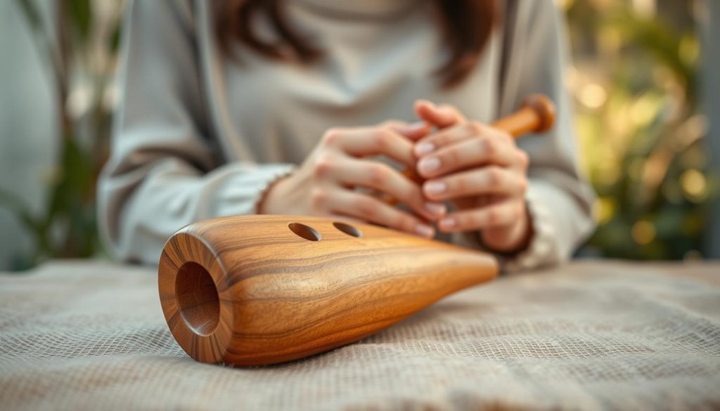 A beautifully crafted wooden ocarina resting on a soft, natural backdrop of light brown burlap, emphasizing its ergonomic design. In the foreground, the ocarina showcases its smooth curves and finger holes, highlighting accessibility and comfort for players. The middle ground features a pair of hands gently cradling the ocarina, demonstrating a natural playing position, adorned in modest casual clothing. The background is softly blurred, with hints of greenery and warm, diffused sunlight filtering through, creating a tranquil atmosphere. The overall mood is inviting and serene, underscoring the daily comfort and ease of playing this instrument. The image should have a shallow depth of field, with soft focus on the background, accentuating the subject’s details.